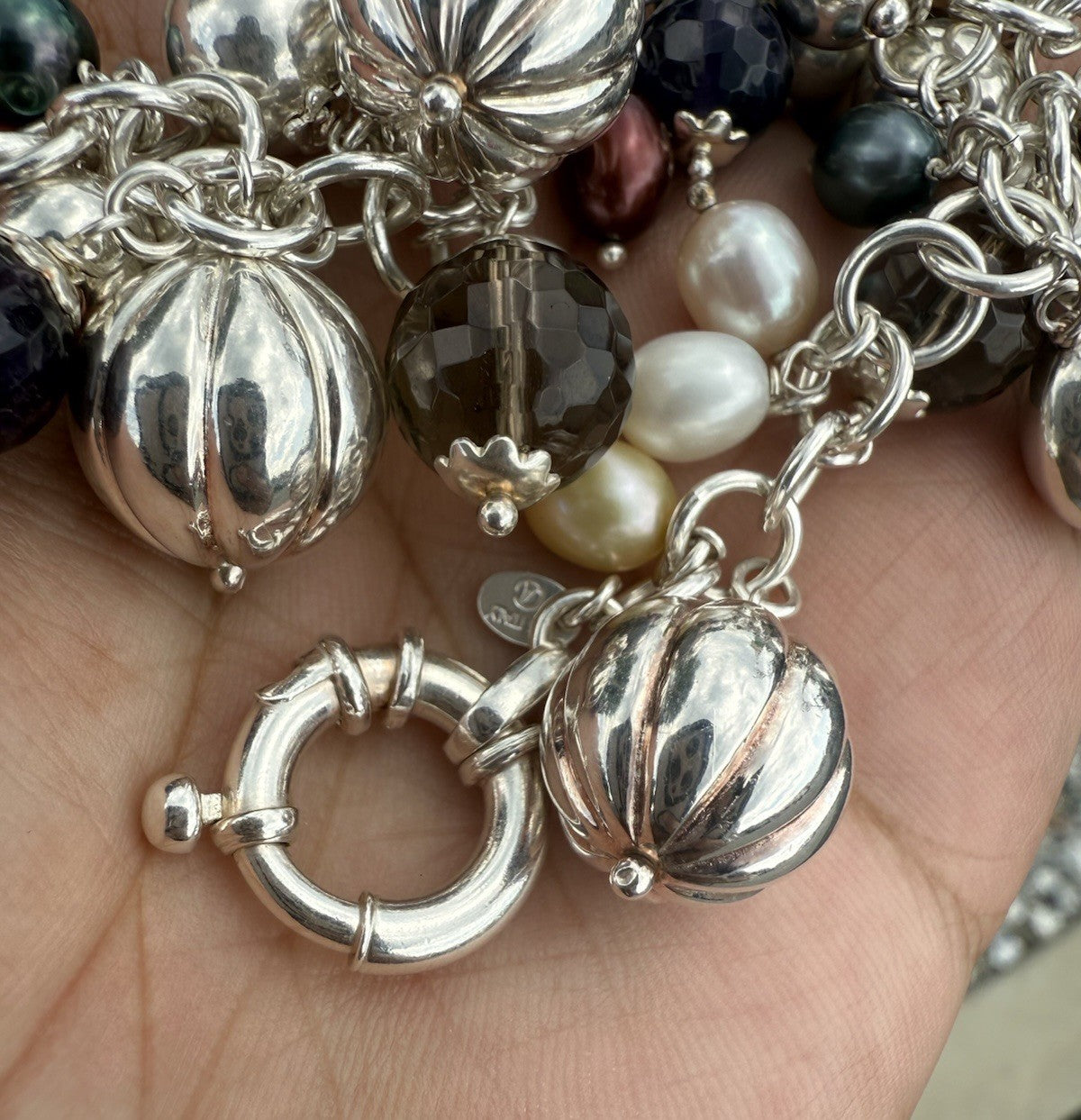 Beautiful Italian Sterling Silver Charm Bracelet w/ Pearls & Faceted Gemstone4