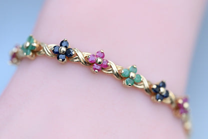 Beautiful Floral Tennis Bracelet with Sapphires, Rubies & Emeralds 14K YG 7 1/4"1