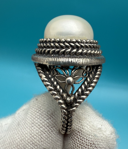 Stunning Mabe Pearl & Sterling Silver .925 Ring Marked BJ, China7