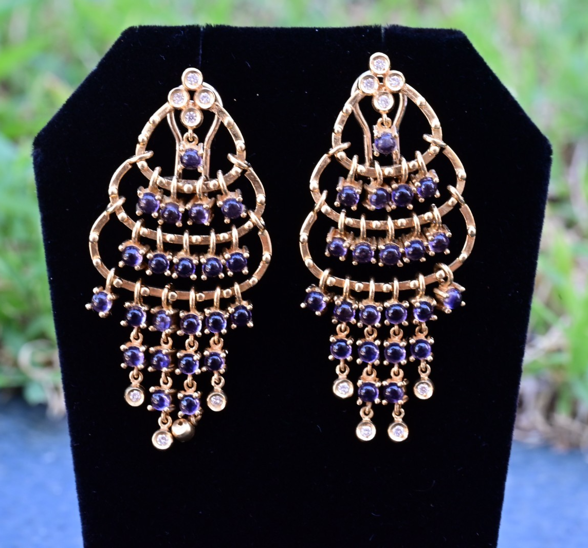 Exquisite Tiered Web Design 18K Yellow Gold Chandelier Earrings Sapphires & Dia0