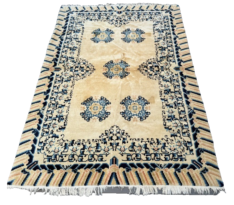 Gorgeous Antique Handmade Chinese Peking Wool Rug  6' x 9' Ivory Background0