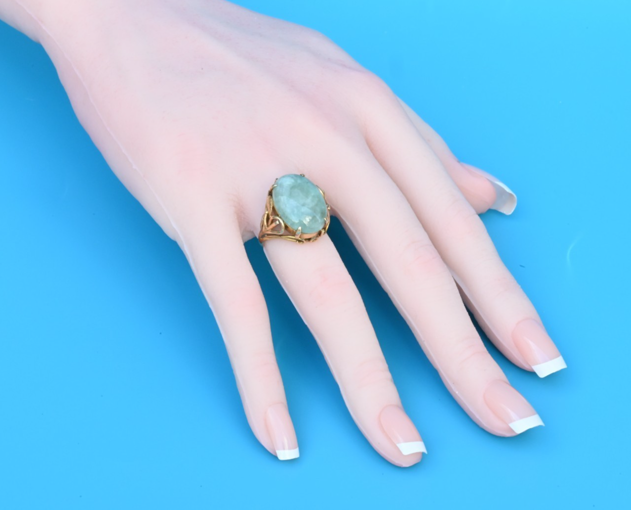 Lovely Muted Green Jade Cabochon set in a Decorative 14K Yellow Gold Mounting3