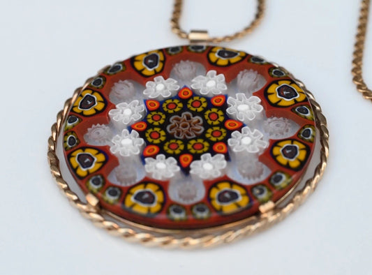 Vintage Italian Murano Millefiori Art Glass Pendant Set in 14K Gold Filled0