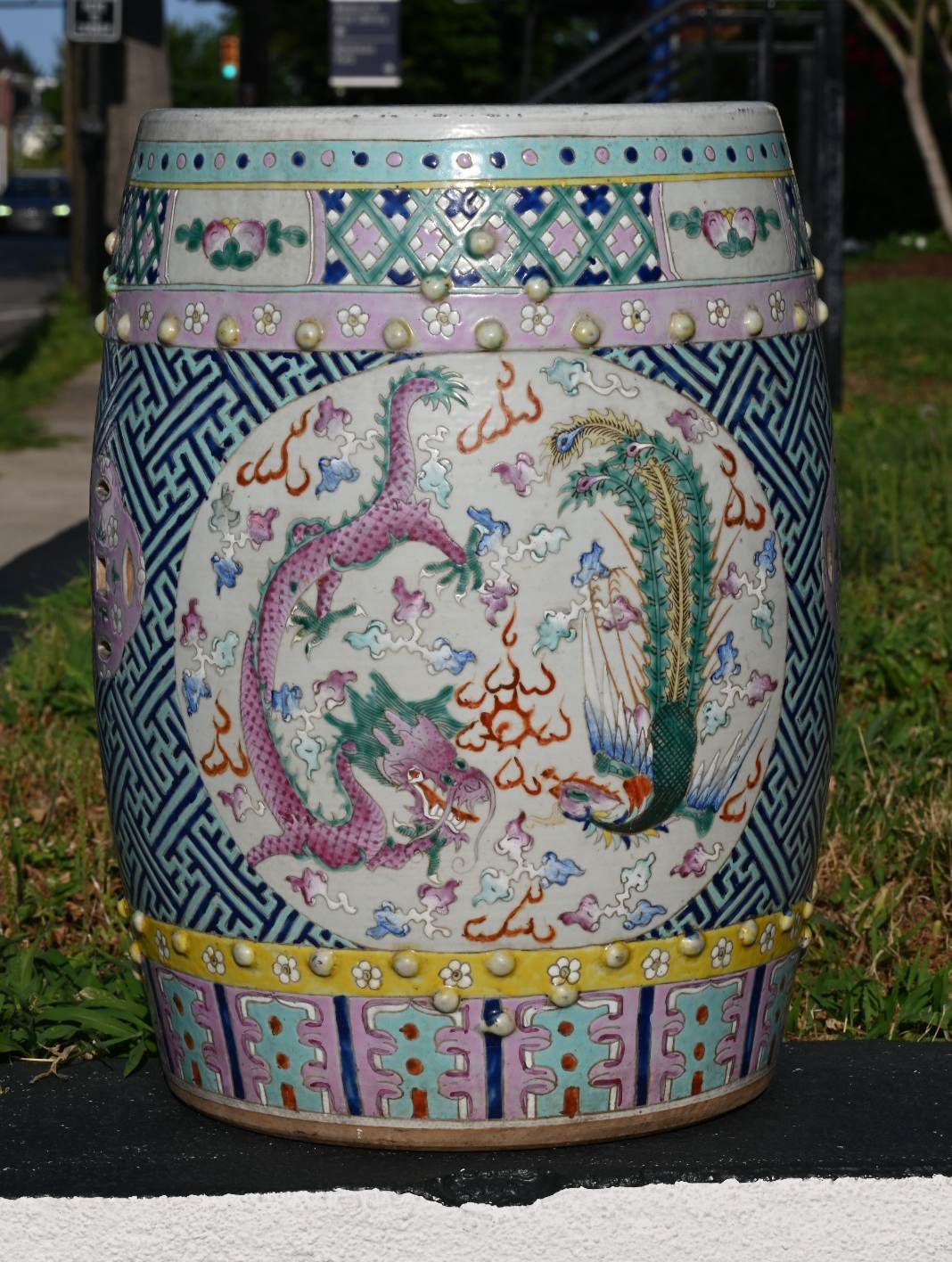 Antique Hand Painted Porcelain Garden Seat / Drum Stool Dragon & Phoenix Design0