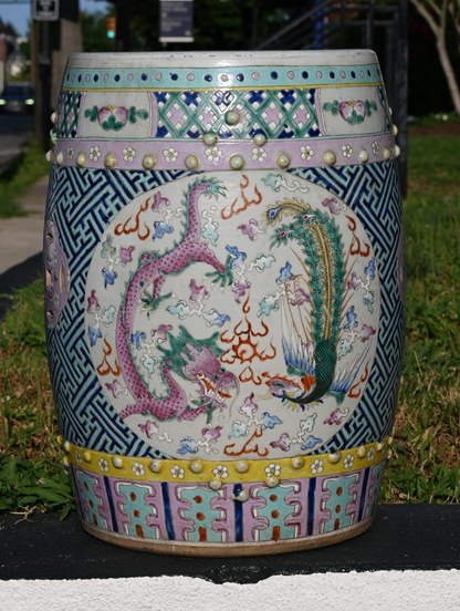 Antique Hand Painted Porcelain Garden Seat / Drum Stool Dragon & Phoenix Design0
