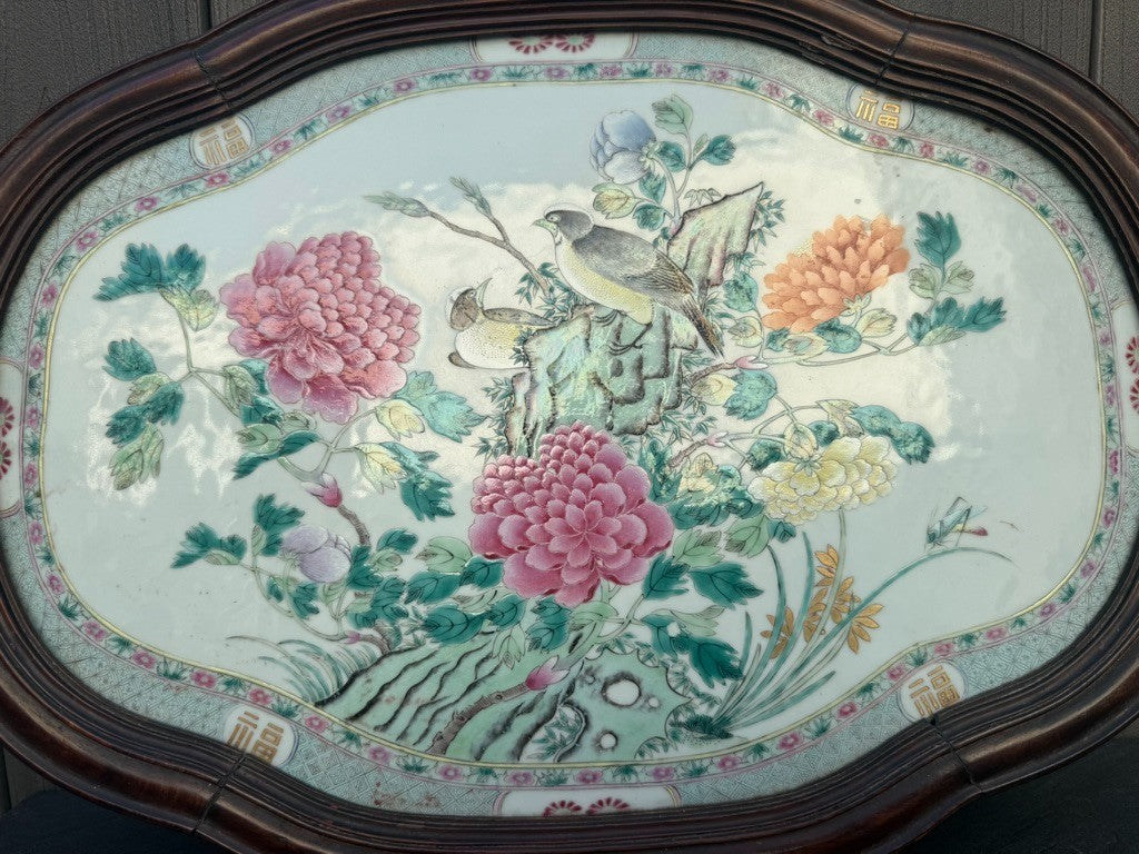 Large 20" Chinese Antique 1900s Porcelain Serving Tray with Enameled Black Birds0