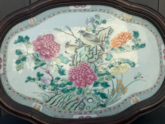 Large 20" Chinese Antique 1900s Porcelain Serving Tray with Enameled Black Birds0