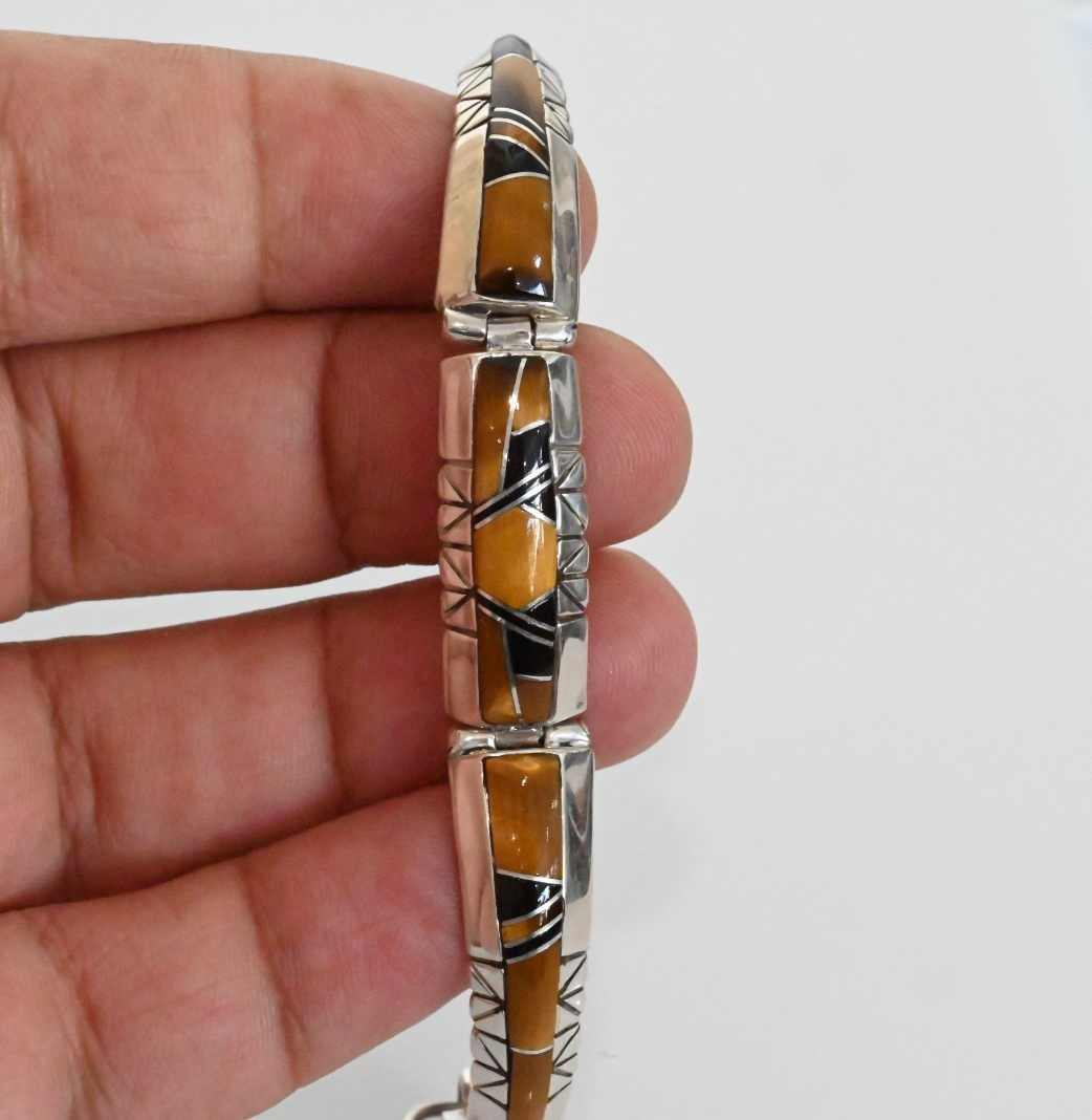 Vintage Native American Sterling Silver Cuff Bracelet Tigers Eye Mosaic Design4