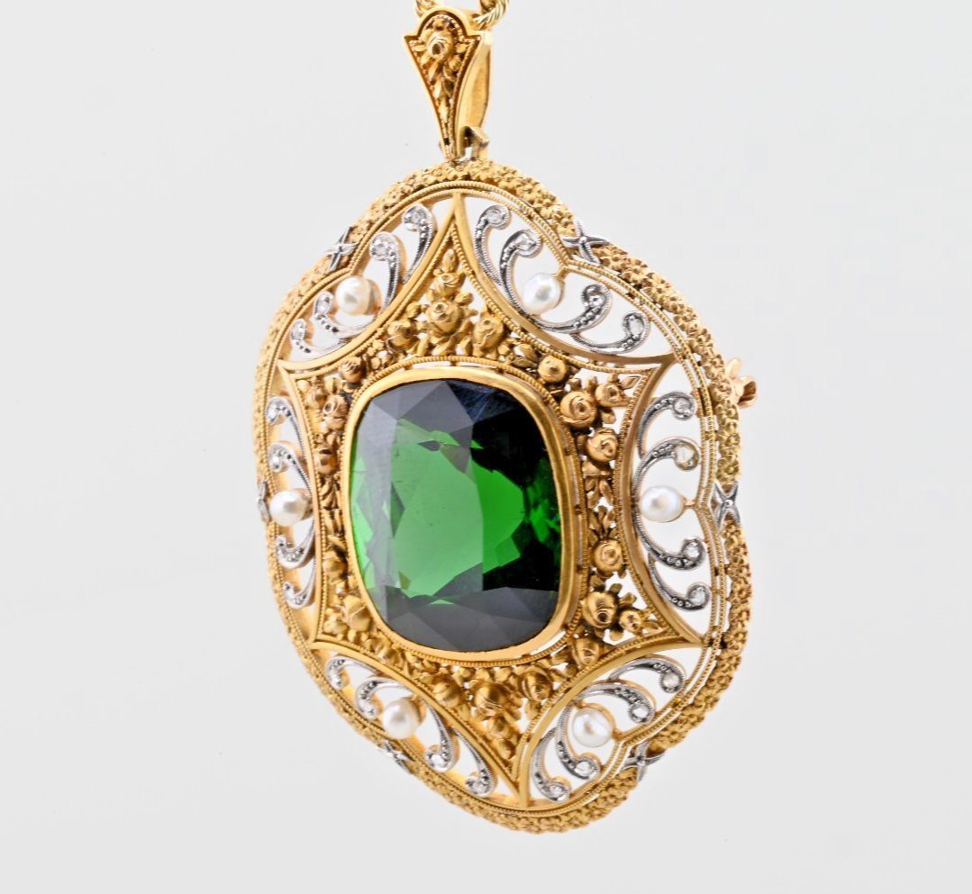 Antique 19th C. Victorian Heirloom Pendant / Brooch with Huge Tourmaline in Gold5