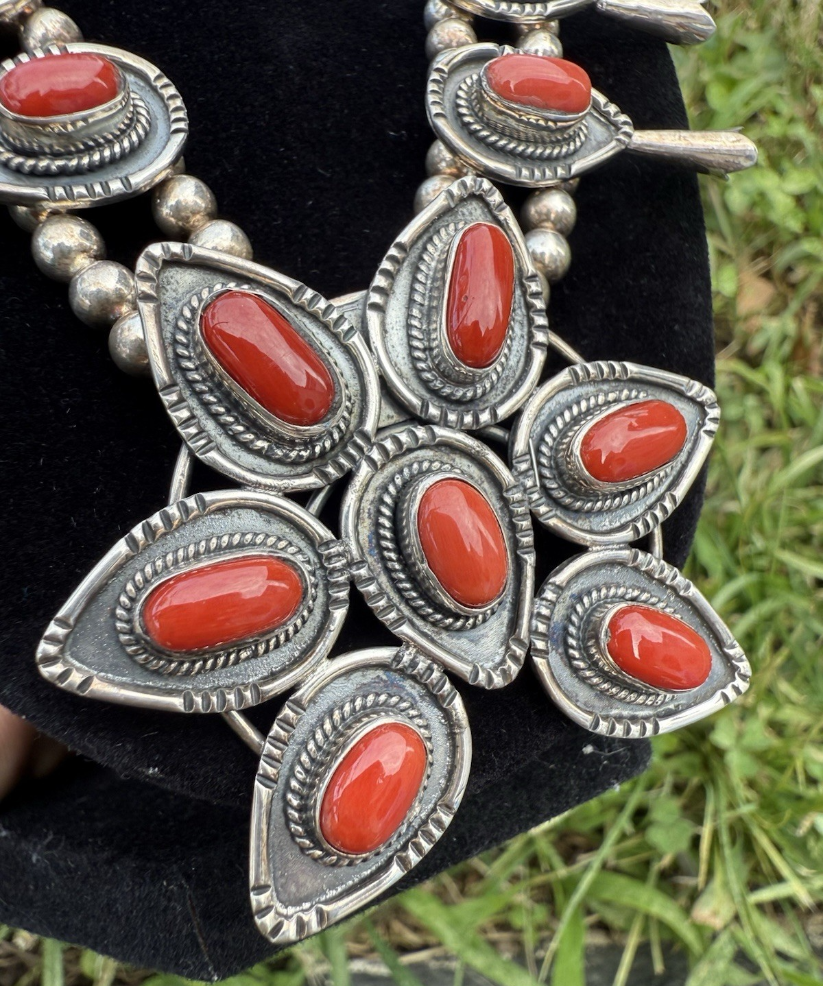 Gorgeous Native American Sterling Silver Squash Blossom Necklace with Red Coral3