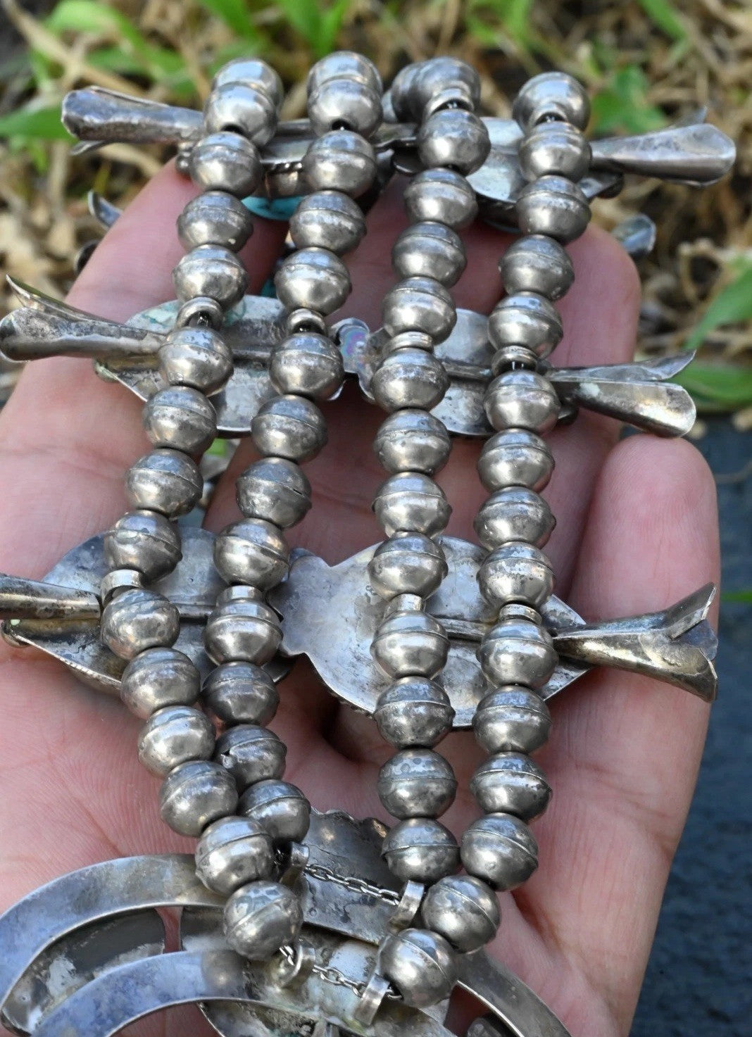 Early Native American Blue Turquoise & Sterling Silver Squash Blossom Necklace13