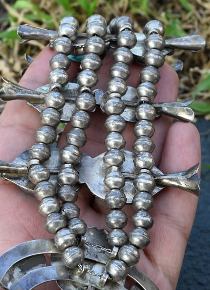 Early Native American Blue Turquoise & Sterling Silver Squash Blossom Necklace13
