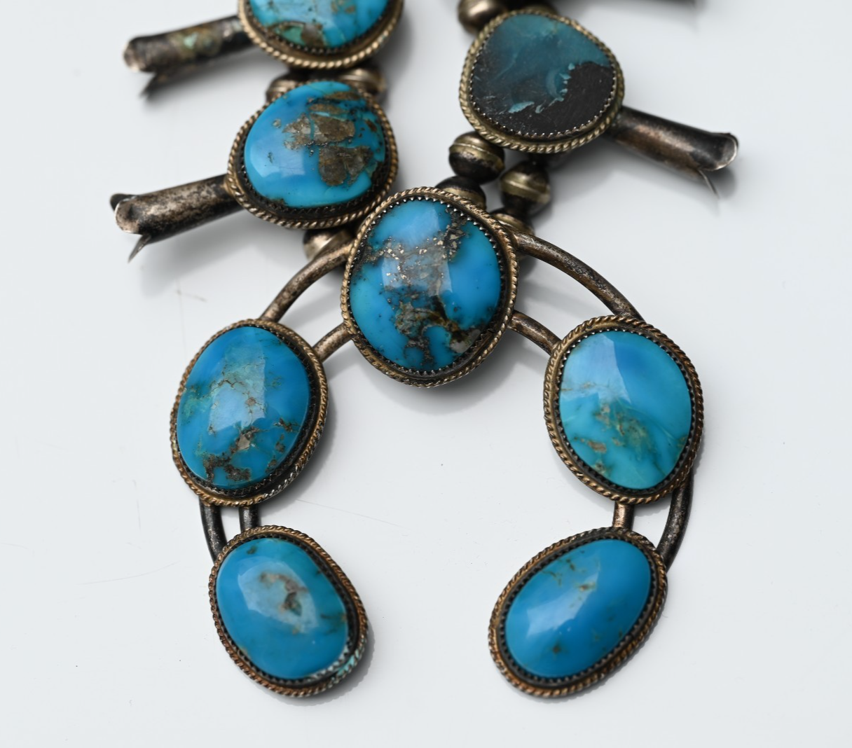 Native American Deep Blue Turquoise & Sterling Silver Squash Blossom Necklace5