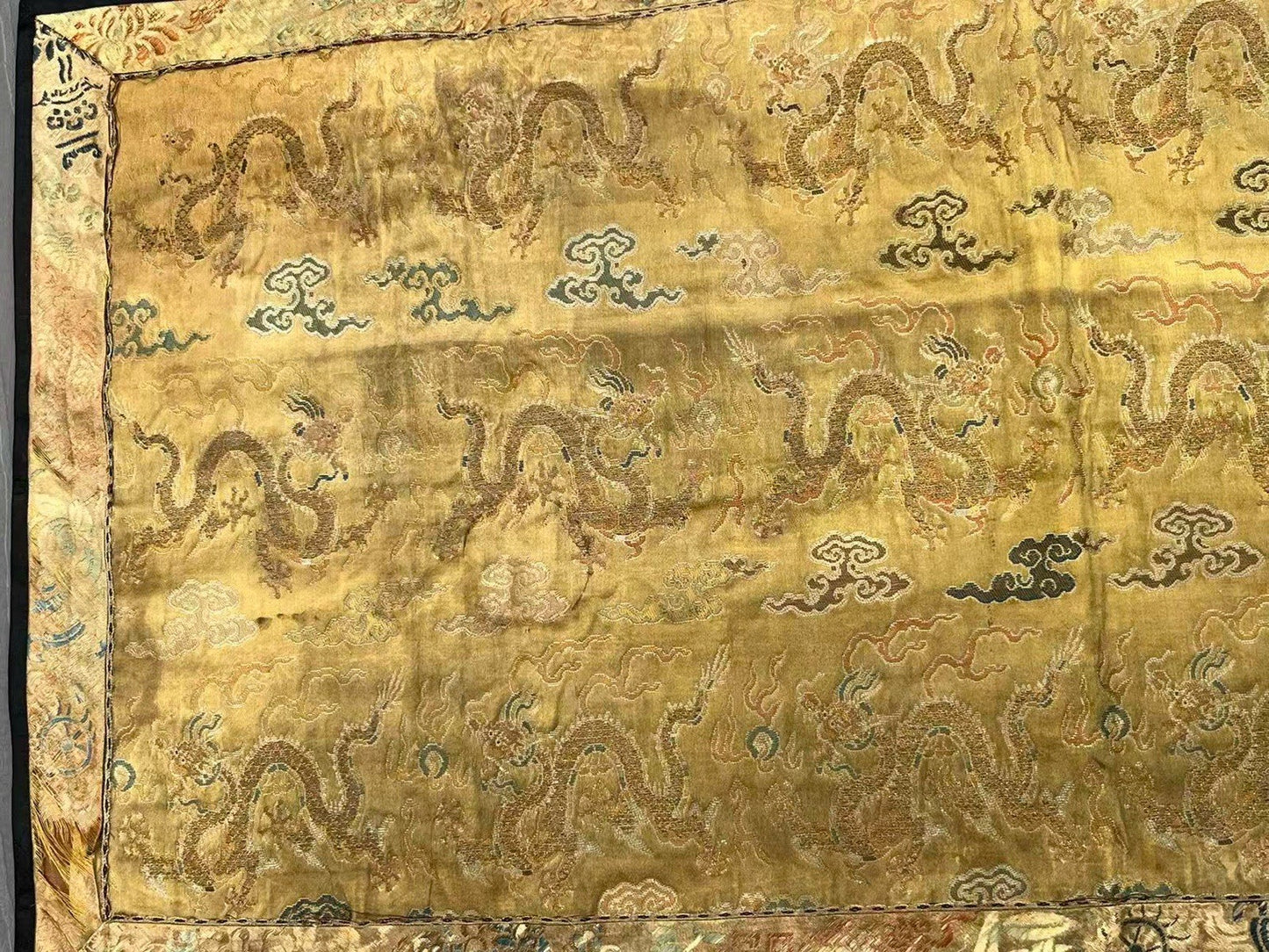 Early Antique Qing Dynasty Chinese Yellow Silk Brocade Panel with Gold Dragons4