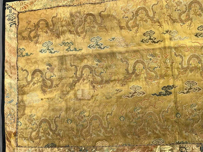 Early Antique Qing Dynasty Chinese Yellow Silk Brocade Panel with Gold Dragons4