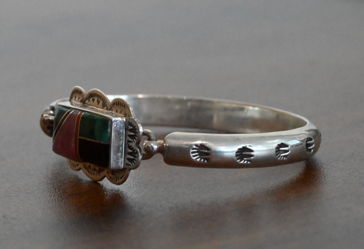 Vintage Native American Zuni Sterling Silver Mosaic Inlay Cuff by G. Howe4