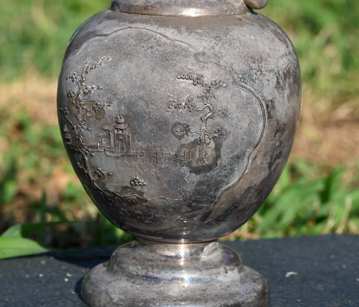 Unique Vietnamese Antique 1900s Handmade Silver Decanter Set With Tray & Cups8