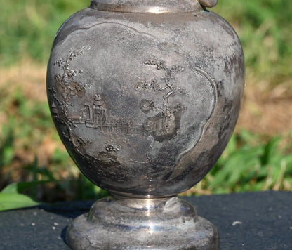Unique Vietnamese Antique 1900s Handmade Silver Decanter Set With Tray & Cups8