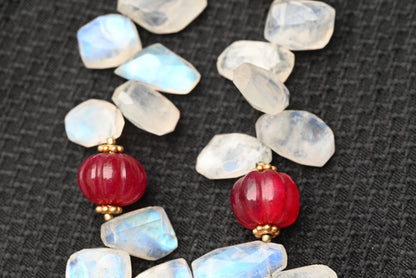 Gold Gilt Sterling Silver Necklace with Moonstone Petals & Red Ruby Gems9