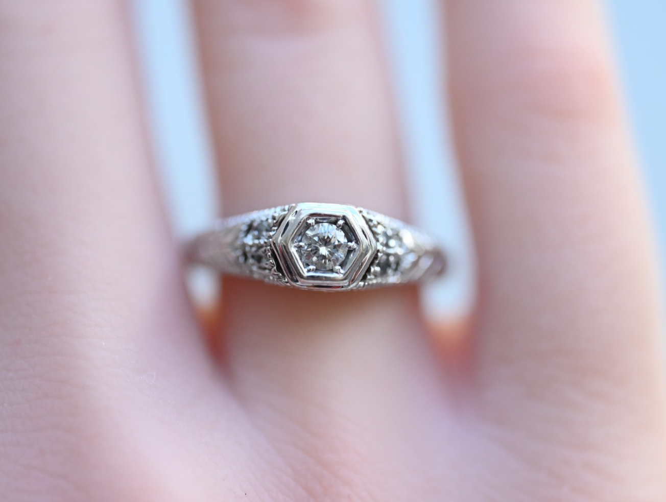 Intricate 14K White Gold Diamond Ring Geometric Hexagon Filigree Design by RLM0