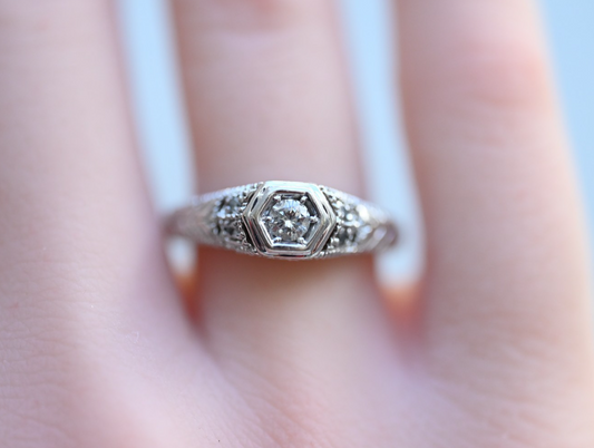 Intricate 14K White Gold Diamond Ring Geometric Hexagon Filigree Design by RLM0