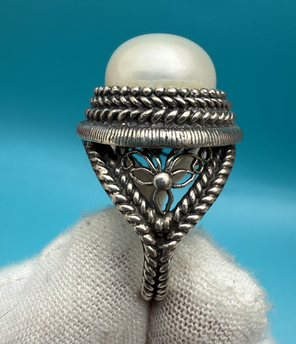 Stunning Mabe Pearl & Sterling Silver .925 Ring Marked BJ, China6