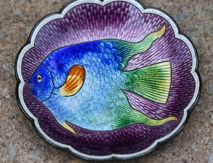 Vibrant & Colorful Antique Sterling Silver Enameled Candy Dish with Fish Motif2