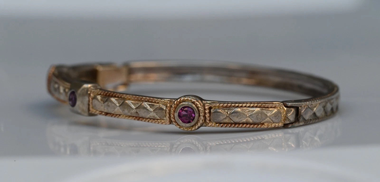 Elegant Hinged Bangle Textured Design & Amethyst Accent Stones 14k 925 Sterling2