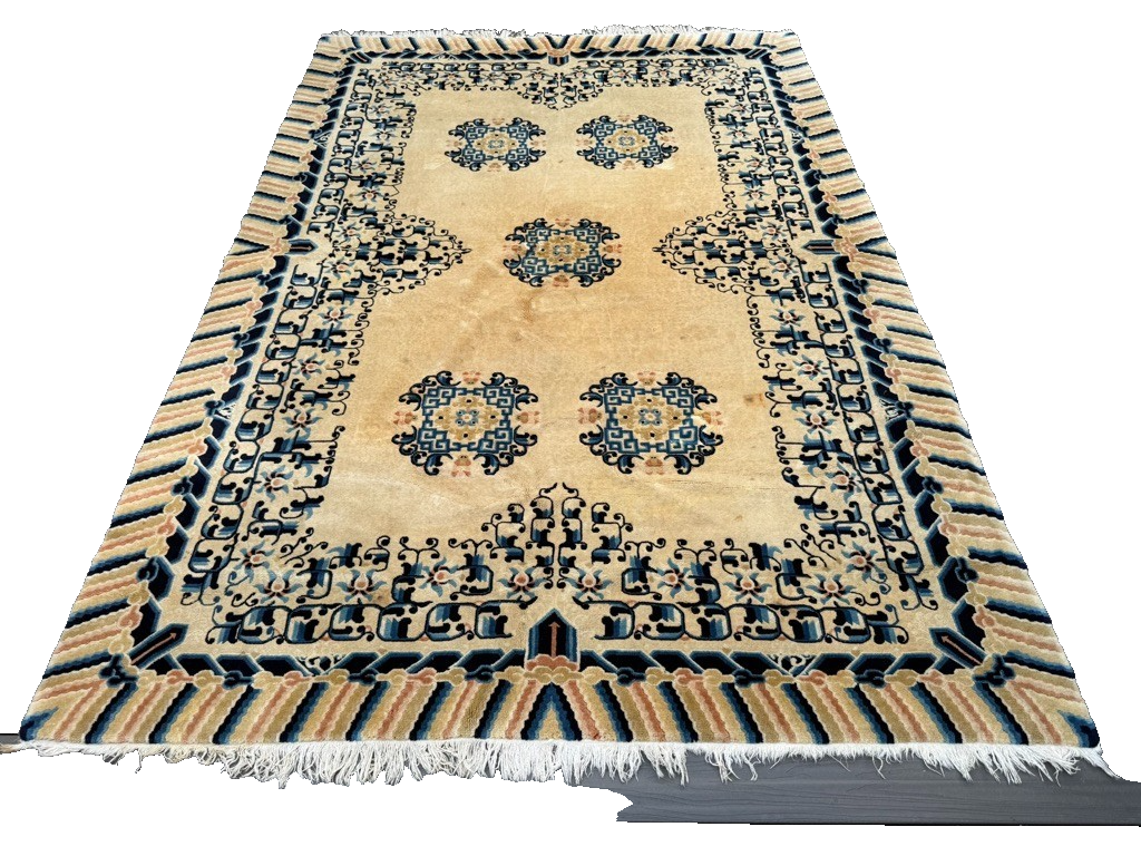 Gorgeous Antique Handmade Chinese Peking Wool Rug  6' x 9' Ivory Background12