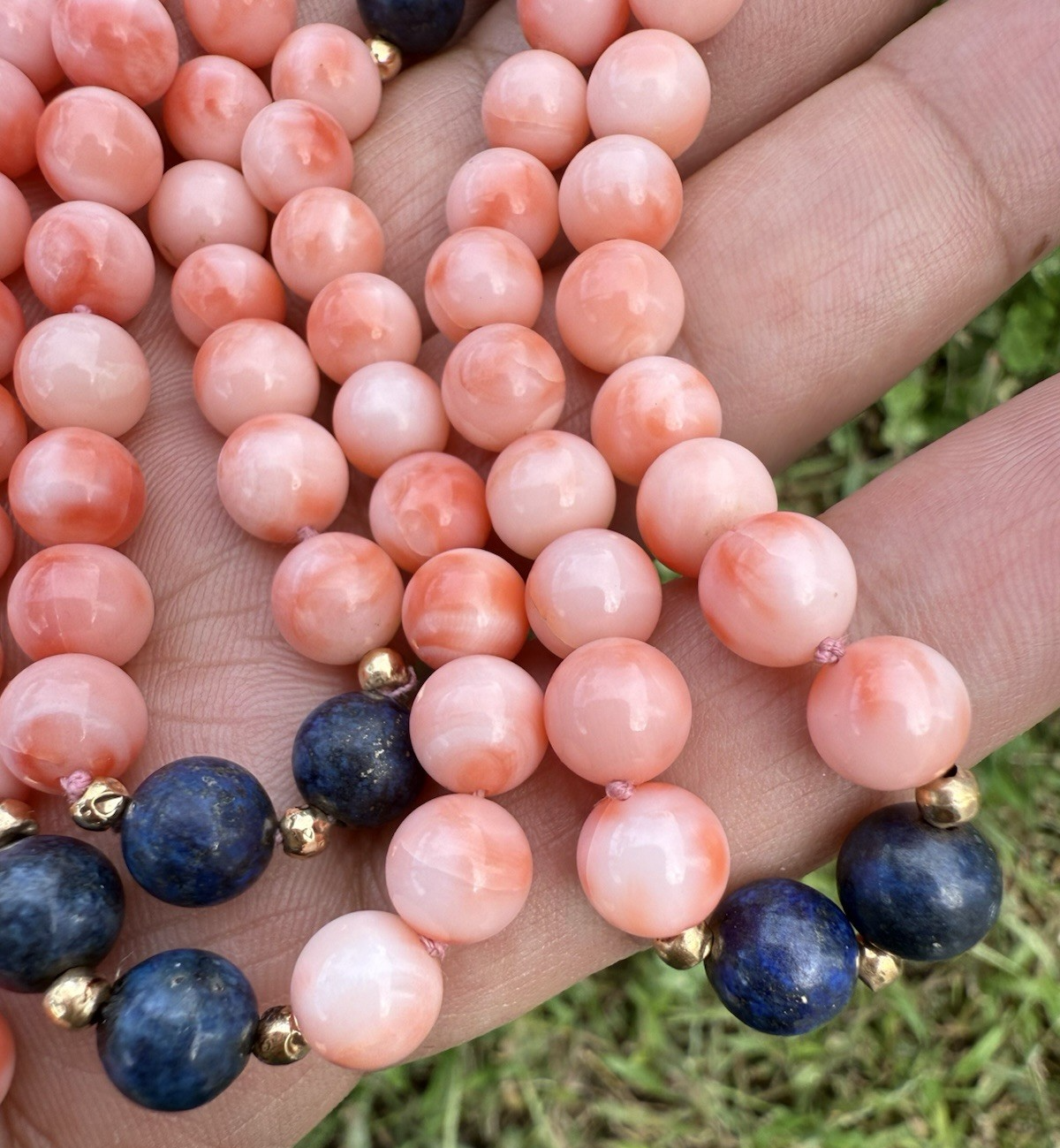 Beautiful White Angel Skin Coral & Lapis Beaded Necklace with 14K Gold Spacers5