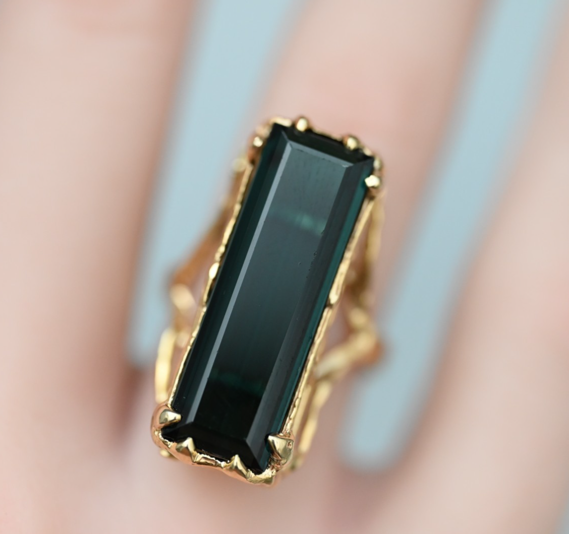 Beautiful Elongated Green Tourmaline Statement Ring in 14K Yellow Gold3