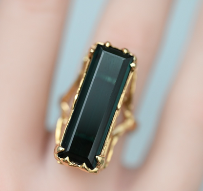 Beautiful Elongated Green Tourmaline Statement Ring in 14K Yellow Gold3