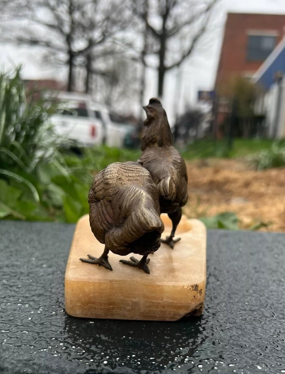 Early 1900s Antique Austrian Vienna Cold Painted Bronze Chickens / Hens Ashtray4