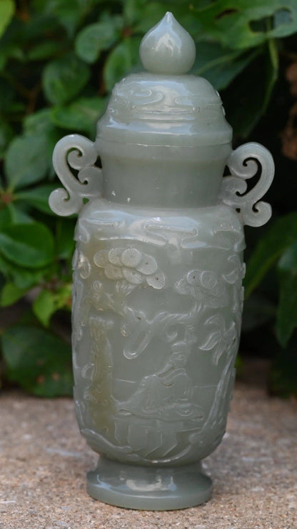 Beautiful Mid-20th C. Chinese Light Green Jade Lidded Vase With Carved People3