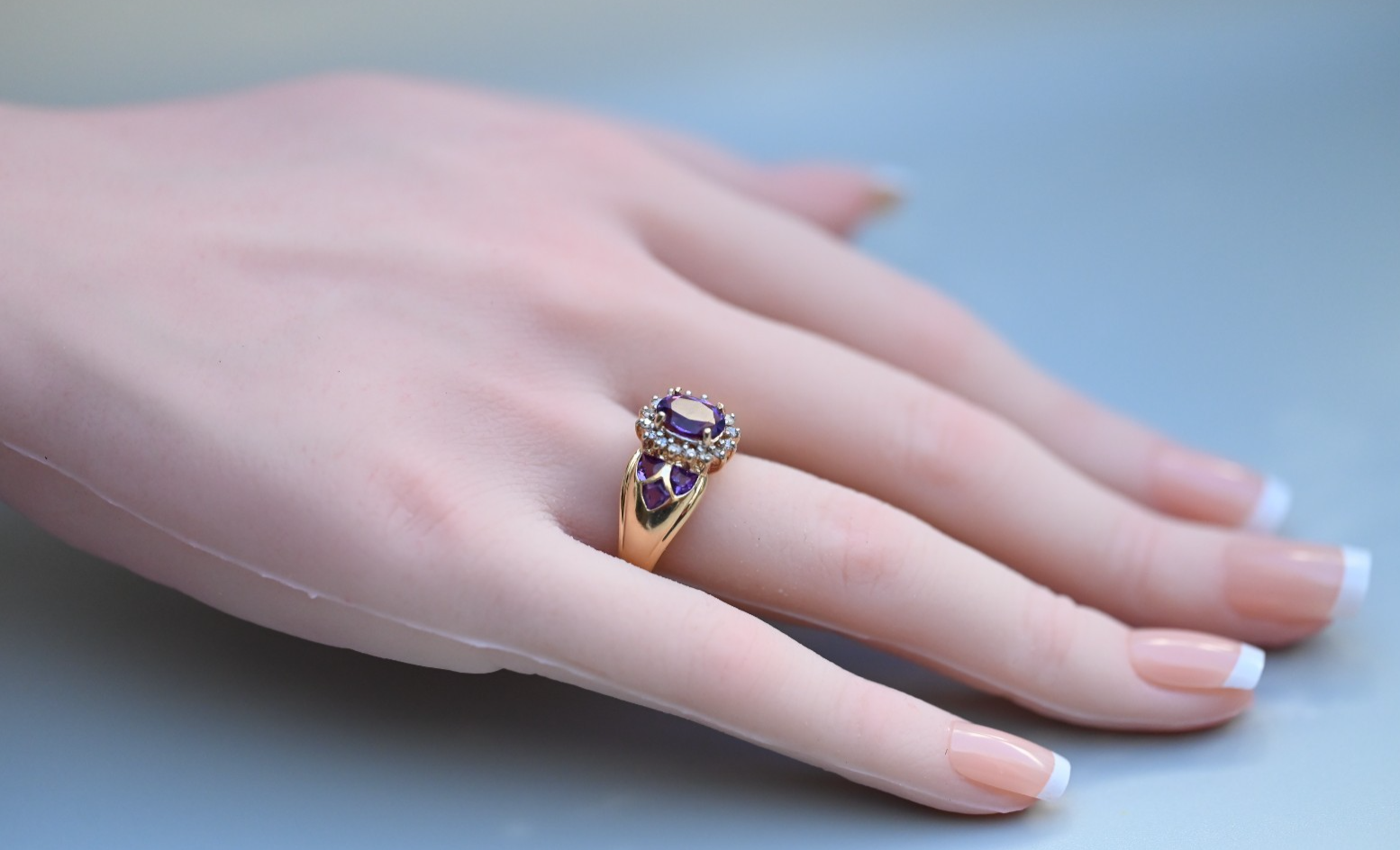 Gorgeous 14k Vintage-style Amethyst Cluster Cocktail Ring with Halo of Diamonds1