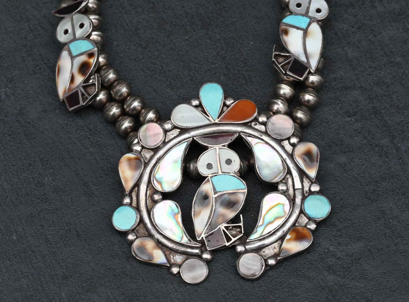 Stunning Native American Zuni Squash Blossom Necklace w/ Shell & Turquoise Owls2