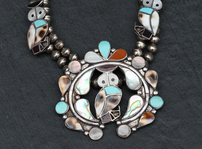 Stunning Native American Zuni Squash Blossom Necklace w/ Shell & Turquoise Owls2