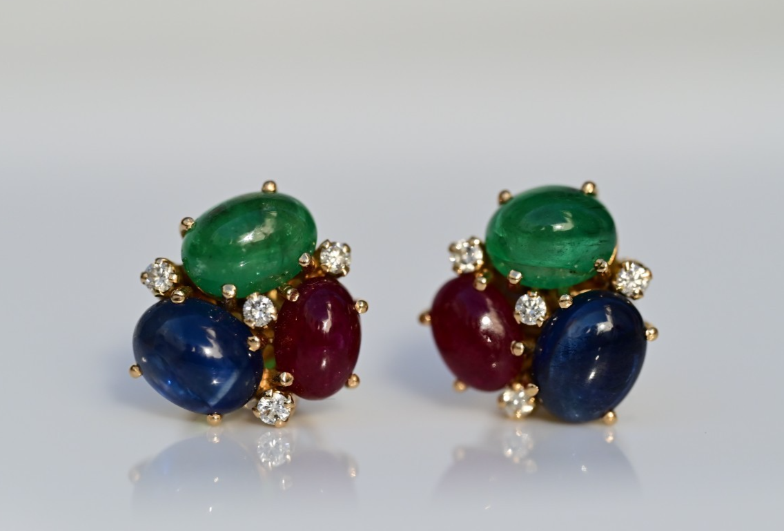 Emerald, Sapphire, Ruby & Diamond 18k Yellow Gold Bubble Earrings IGI Certified0