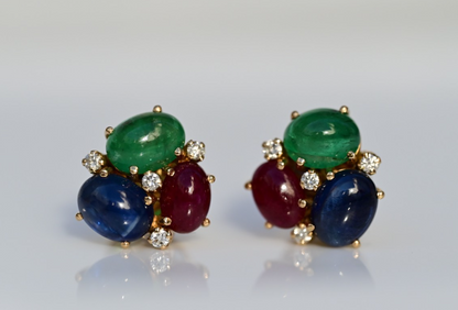 Emerald, Sapphire, Ruby & Diamond 18k Yellow Gold Bubble Earrings IGI Certified0