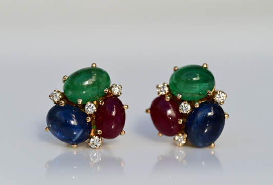 Emerald, Sapphire, Ruby & Diamond 18k Yellow Gold Bubble Earrings IGI Certified0