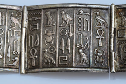 Gorgeous Egyptian Hieroglyphic Ancient style .900/1000 Silver Bracelet 7 1/2"2