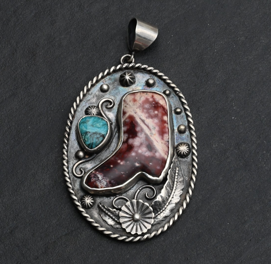 High Quality Sterling Silver Southwestern Pendant with Cowboy Jasper Boot0