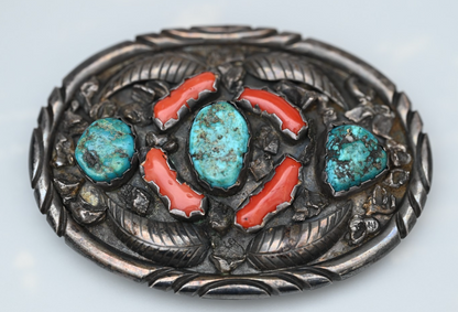 Signed R. Spencer Native American Sterling Silver Belt Buckle Turquoise & Coral2