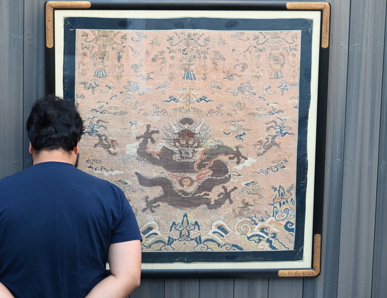 Stunning Glass Framed Ming - Early Qing Dynasty Silk Altar Panel W/ Dragons0