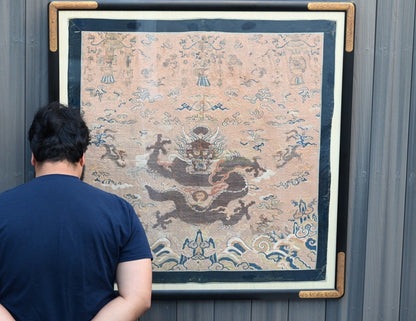 Stunning Glass Framed Ming - Early Qing Dynasty Silk Altar Panel W/ Dragons0