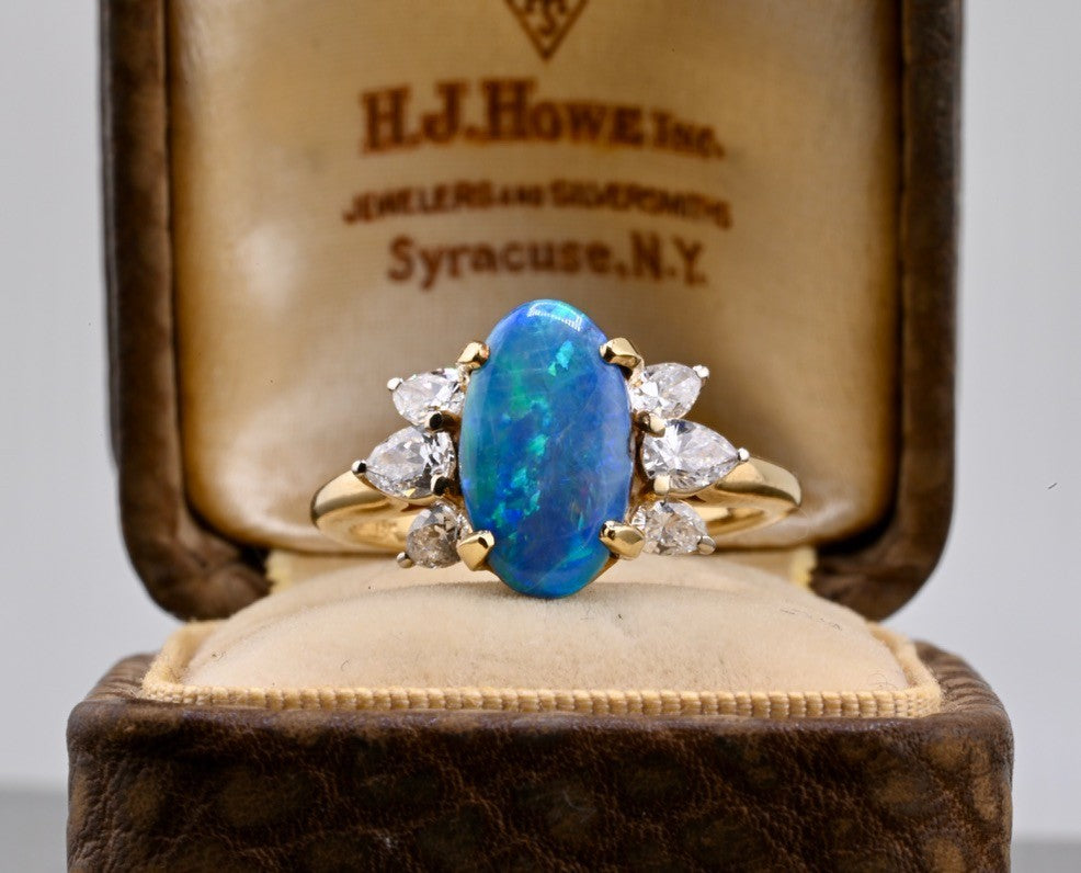 IGI Certified 18K Yellow Gold Ring w/ Natural 2.00 ct Opal Cabochon & Diamonds0