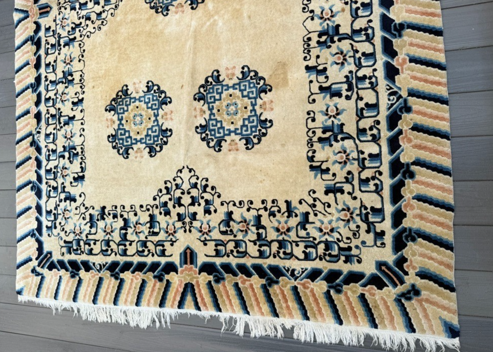 Gorgeous Antique Handmade Chinese Peking Wool Rug  6' x 9' Ivory Background2