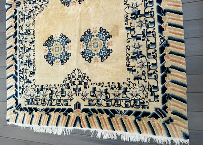 Gorgeous Antique Handmade Chinese Peking Wool Rug  6' x 9' Ivory Background2