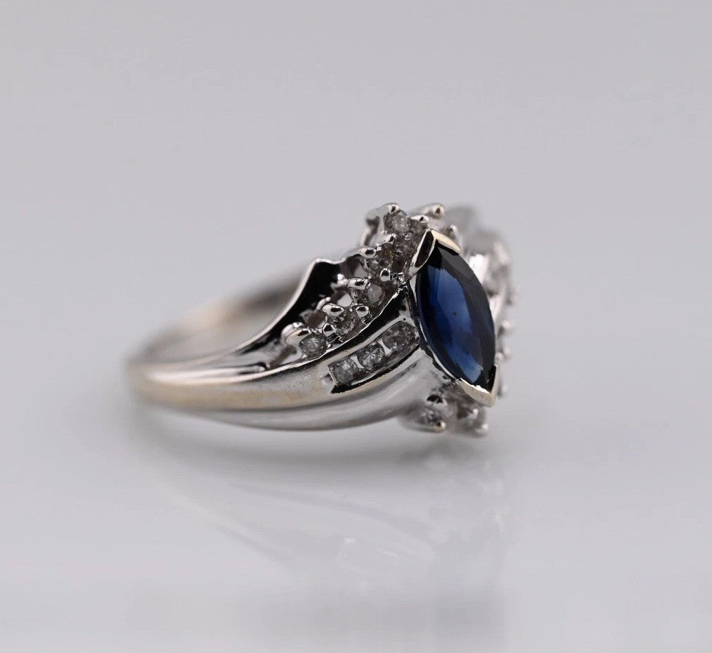 Marquise-cut Blue Sapphire Ring set in 14K White Gold with Diamond Accents5