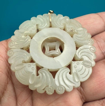 Amazing Antique Carved Chinese Lucky Bat Jade Pendant With Spinning Center2